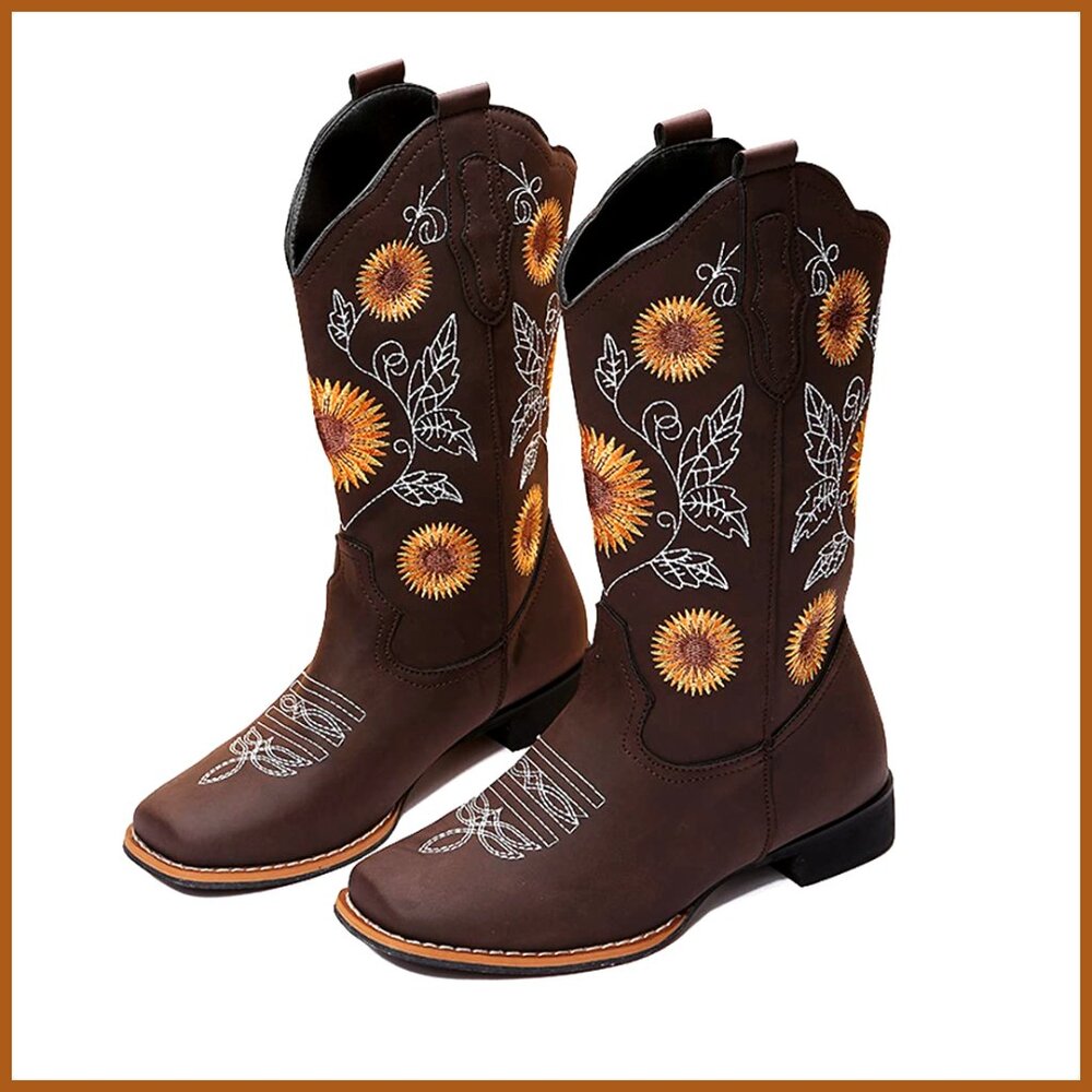 Polyurethane Western Boots with Sunflower Embroidery Square Toe Low Heel